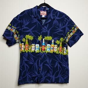 RJC Hawaiian Shirt Aloha Palm Trees Tropical Short Sleeves Button Front L